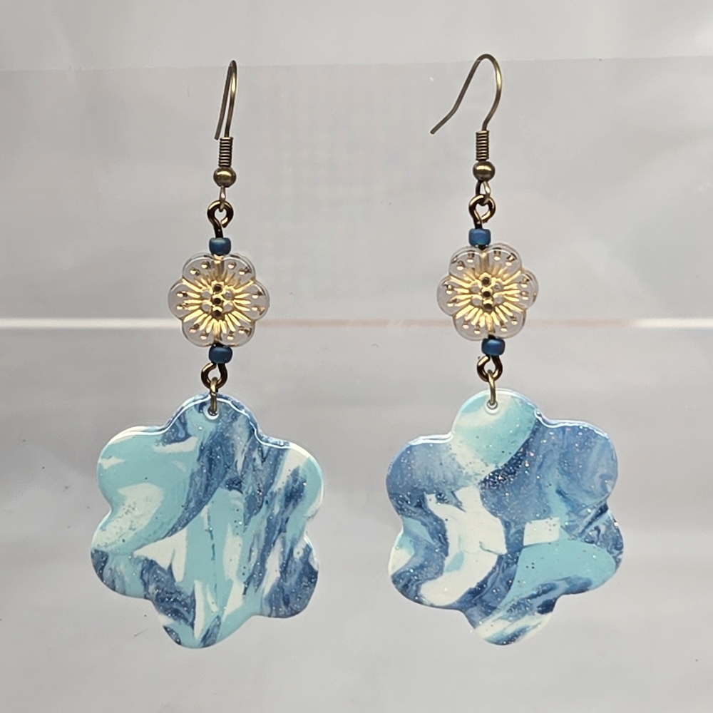 #B280- Chic Floral Blue and White Earrings